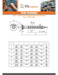 Vis bois TEKOR Tête fraisée Cranté TORX T30 6X260 Filetée... 2