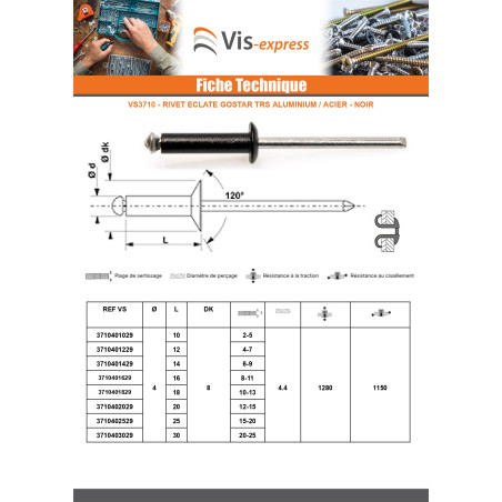 1 x Rivet aveugle éclate GOSTAR Aluminium Tige acier Tête Ronde Standard 4X18 Noir