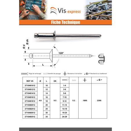 1 x Rivet aveugle éclate GOSTAR Aluminium Tige acier Tête Ronde Standard 4X25 RAL9002 blan gris