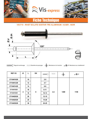 1 x Rivet aveugle éclate GOSTAR Aluminium Tige...