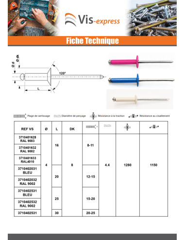 1 x Rivet aveugle éclate GOSTAR Aluminium Tige...