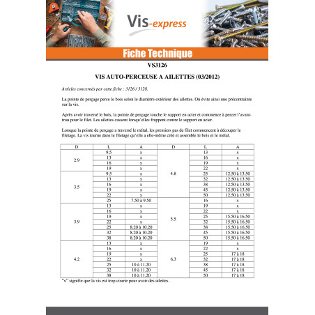 1 x Vis autoperceuse Tête fraisée TORX T30 5.5X38 Crantée et ailettes Acier zingué
