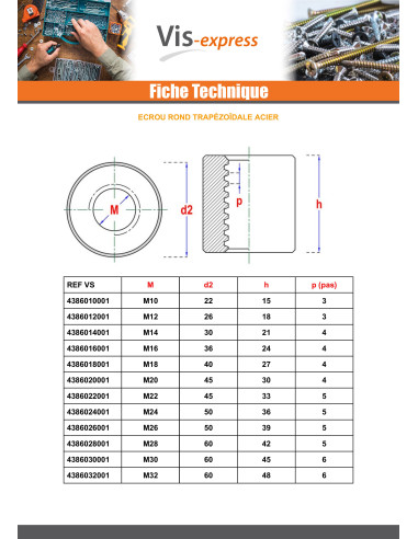 1 x Ecrou Rond Tête ronde TR 22X5 Trapézoidale...