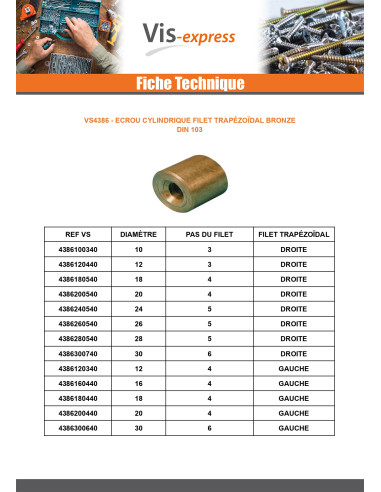 1 x Ecrou Cylindrique Filet Trapézoidale Droite...