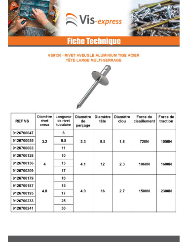 1 x Rivet aveugle Aluminium Tige acier 4.8X15...