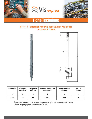 1 x Vis de fondation 76X3.6X1500 Forte tenue à...