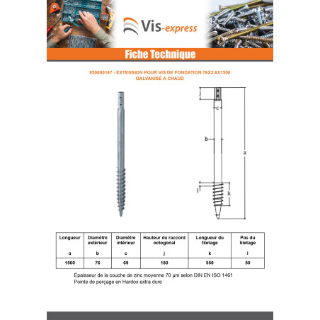 1 x Vis de fondation 76X3.6X1500 Forte tenue à la corrosion Acier galvanisé à chaud