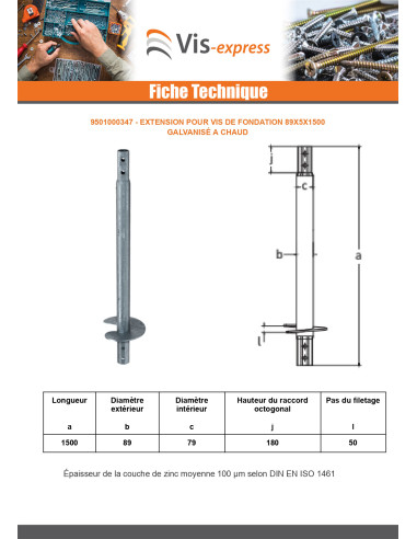 1 x Extension pour vis de fondation 89X5X1500...