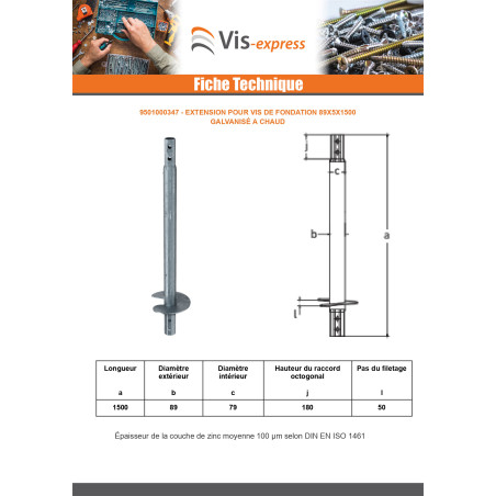 1 x Extension pour vis de fondation 89X5X1500 Forte tenue à la corrosion Acier galvanisé à chaud