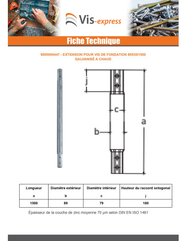 1 x Extension pour vis de fondation 76X3.6X1500...
