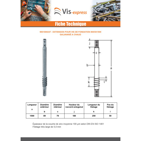 1 x Extension pour vis de fondation 89X5X1500 Forte tenue à la corrosion Acier galvanisé à chaud