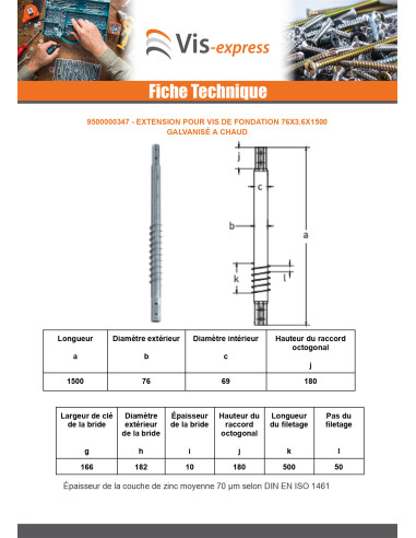 1 x Extension pour vis de fondation 76X3.6X1500...