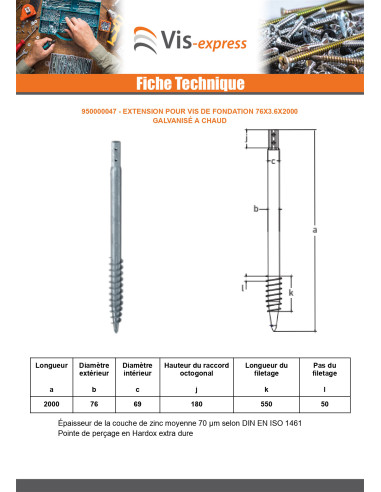 1 x Vis de fondation 76X3.6X2000 Forte tenue à...