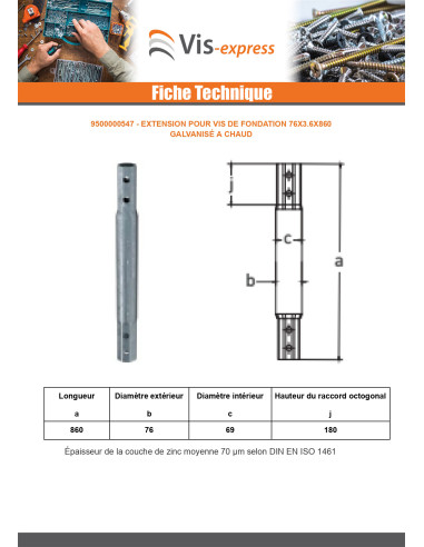 1 x Extension pour vis de fondation 76X3.6X860...