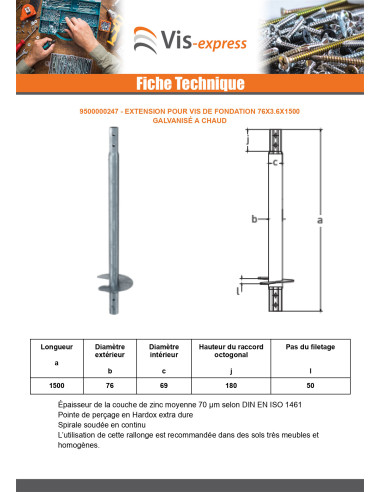 1 x Extension pour vis de fondation 76X3.6X1500...