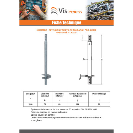1 x Extension pour vis de fondation 76X3.6X1500 Forte tenue à la corrosion Acier galvanisé à chaud