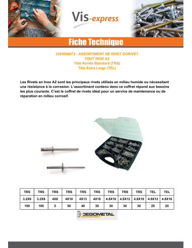 1 x Assortiment de 500 Rivet GORIVET Inox A2...