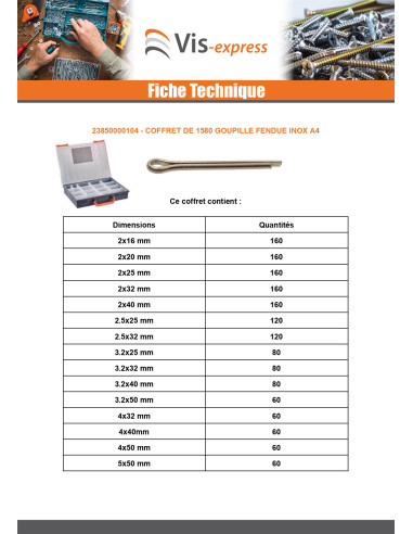 1 x Assortiment de 1580 Goupille Fendue Inox A4