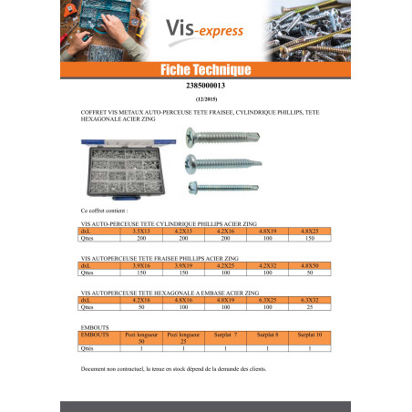 1 x Assortiment de 1775 Vis autoperceuse Tête fraisée / Tête cylindrique TC Phillips / Tête hexagonale TH Acier