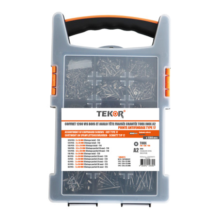 1 x Assortiment de 1200 Vis bois TEKOR Tête fraisée Cranté TORX Inox A2