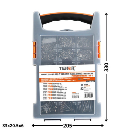 1 x Assortiment de 1200 Vis bois TEKOR Tête fraisée Cranté TORX Inox A2