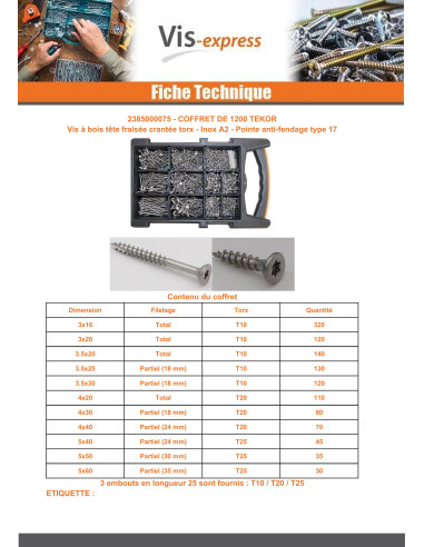 1 x Assortiment de 1200 Vis bois TEKOR Tête...