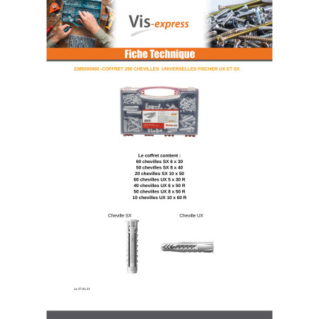 1 x Assortiment de 290 Cheville Universelle Fischer UX Filetée sur SX
