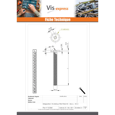 1 x Vis métaux tête plate Clé de 4 HC4 M6X60 Diamètre de tête: 12 Acier zingué