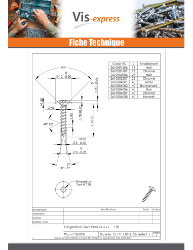1 x Vis Penture 5X16 Filetage total TORX T20...