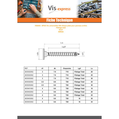 1 x Spax Vis bois Tête plate 3X25 Filetage total TORX T10 4CUT WIROX microvis