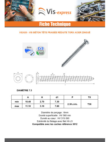 1 x Vis Béton Tête fraisée Réduite 7.5X302 TORX...
