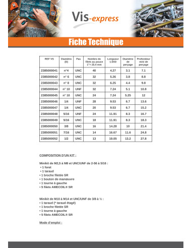 1 x KIT +FILET RAPPORTE M12X18 Pas de 175