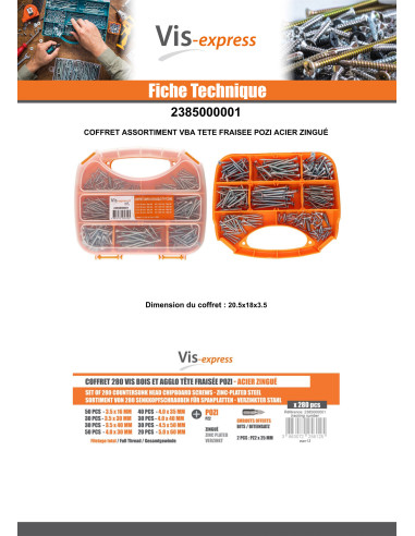 1 x Assortiment de 280 VBA Vis bois agglo Tête...