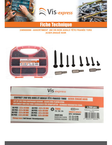 1 x Assortiment de 280 VBA Vis bois agglo Tête...
