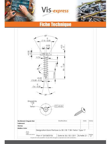 1 x Vis Penture Inviolable 6X30 Filetée sur 30...