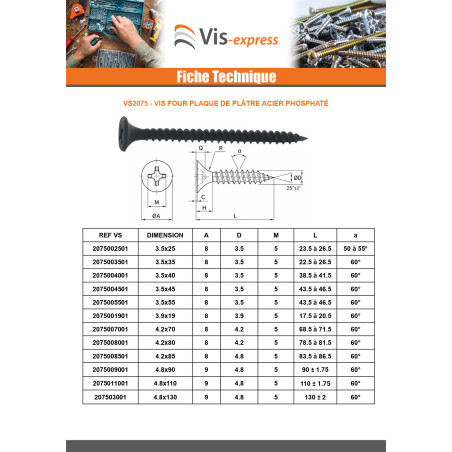 1 x Vis pour plaque de plâtre Vis TTPC 3.5X35 Acier phosphate
