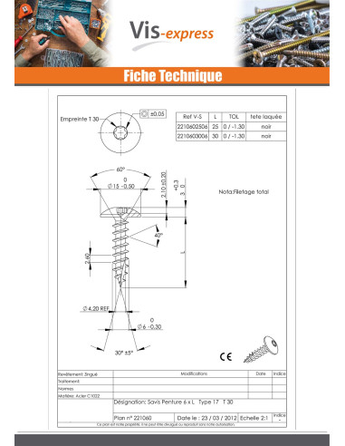 1 x Vis bois TEKOR Vis Penture 6X25 Filetée sur...
