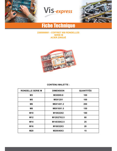 1 x Assortiment de 850 Rondelle Acier zingué...