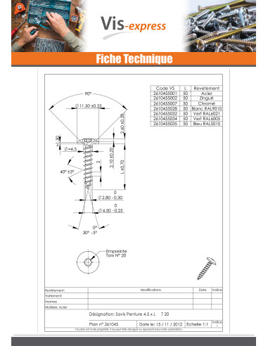 1 x Vis Penture 4.5X50 Filetage total TORX T20...