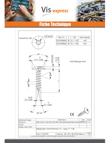 1 x Vis bois TEKOR Vis Penture 7X30 Filetée sur...