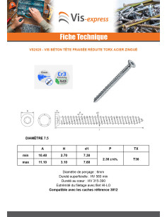 Vis Béton Tête fraisée Réduite 7.5X142 TORX T30 Acier zingué 2