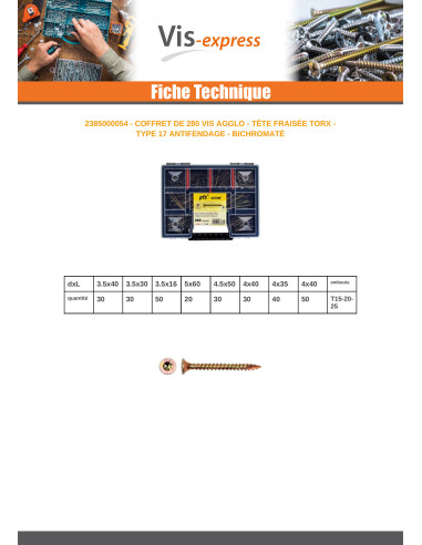 1 x Assortiment de 280 VBA Vis bois agglo Tête...