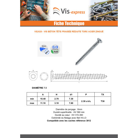 1 x Vis Béton Tête fraisée Réduite 7.5X92 TORX T30 Acier zingué