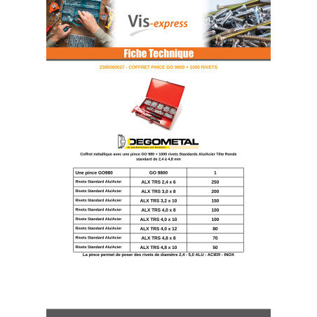 1 x Assortiment de PINCE GO9800 + 1000 Rivet DEGOMETAL
