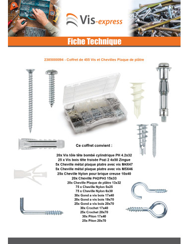 1 x Assortiment de 455 Vis et Cheville Plaque...