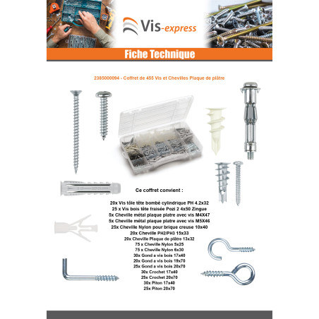 1 x Assortiment de 455 Vis et Cheville Plaque de plâtre