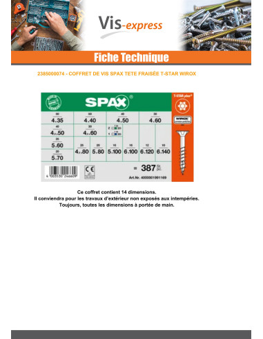 1 x Assortiment de 364 Vis bois Tête fraisée...