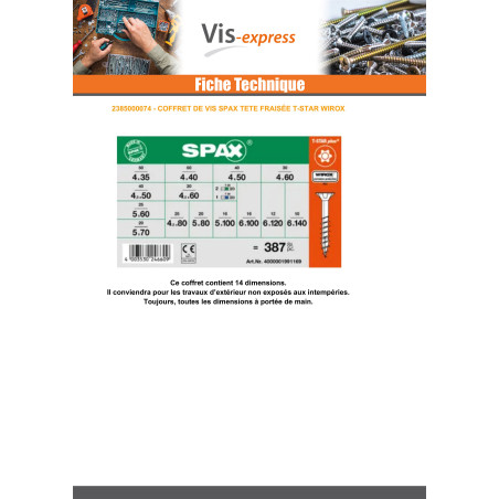 1 x Assortiment de 364 Vis bois Tête fraisée T-STAR WIROX + 3 Embout