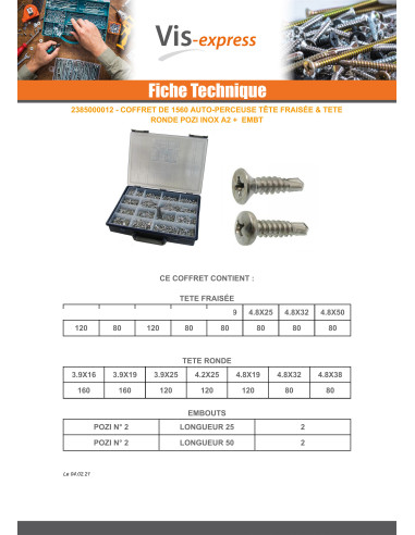 1 x Assortiment de 1540 Vis autoperceuse Tête...