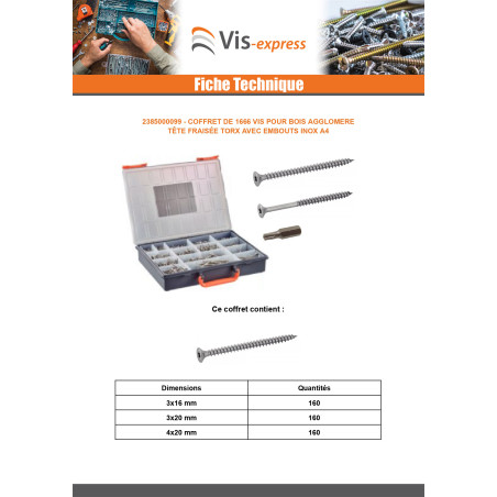 1 x Assortiment de 1666 VBA Vis bois agglo Tête fraisée TX + Embout Inox A4